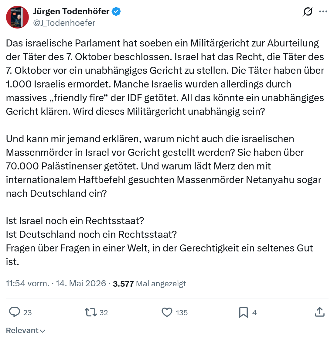 Jürgen Todenhöfer: Das israelische Parlament hat soeben ein Militärgericht…