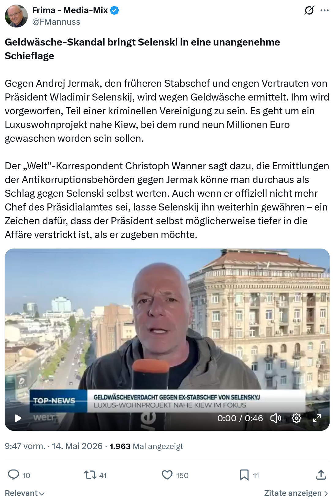 Friedrich Mannus: Geldwäsche-Skandal bringt Selenski…