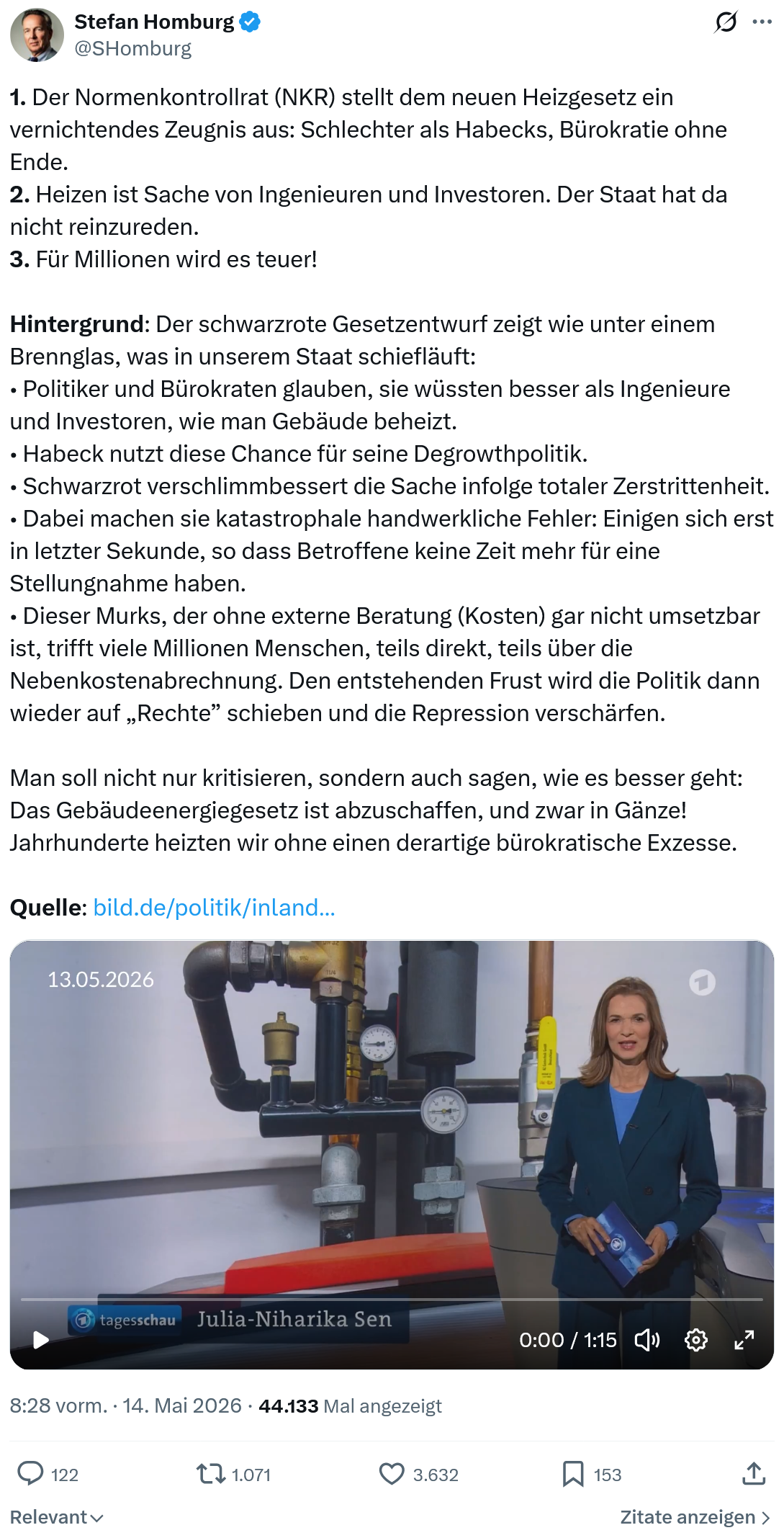 Stefan Homburg: Der Normenkontrollrat (NKR) stellt dem neuen Heizgesetz…
