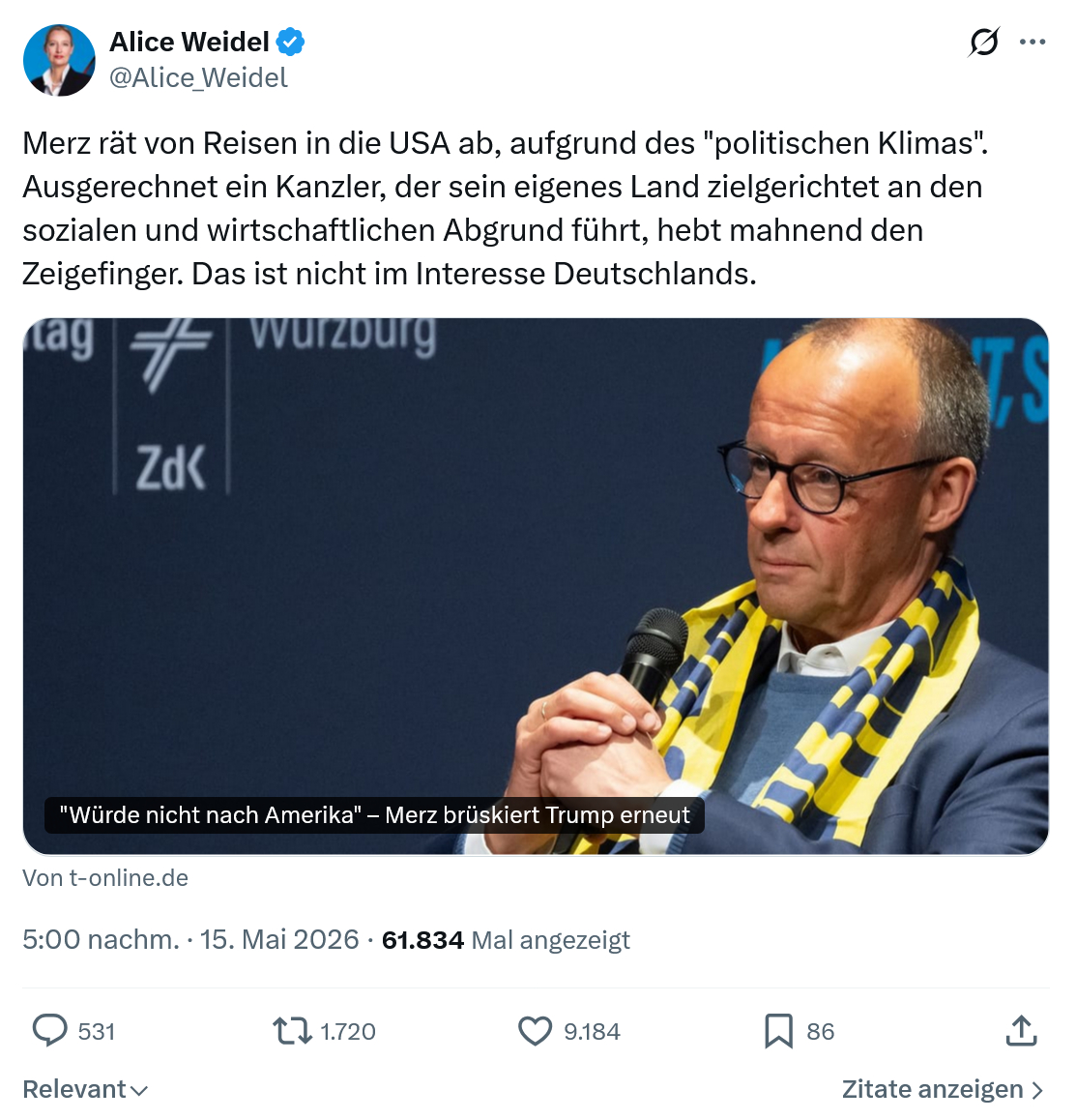 Alice Weidel: Merz rät von Reisen in die USA ab…
