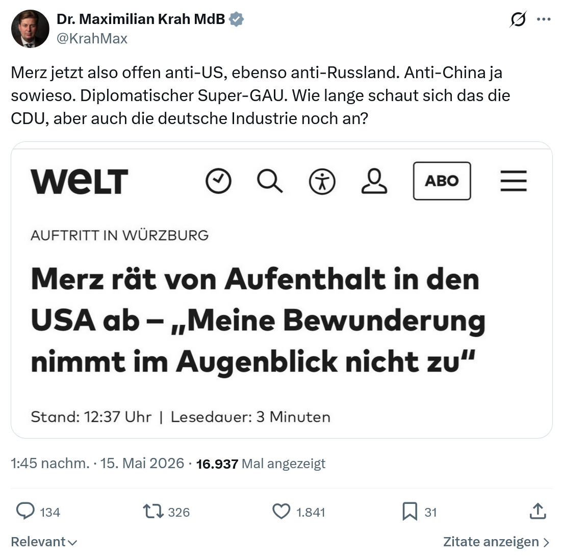 Maximilian Krah: Merz jetzt also offen anti-US…