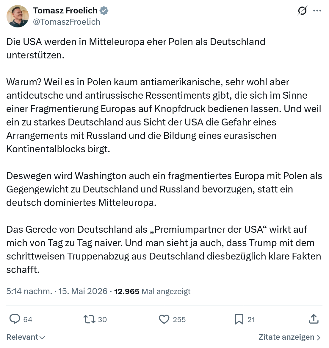 Tomasz Froelich: Die USA werden in Mitteleuropa eher Polen…