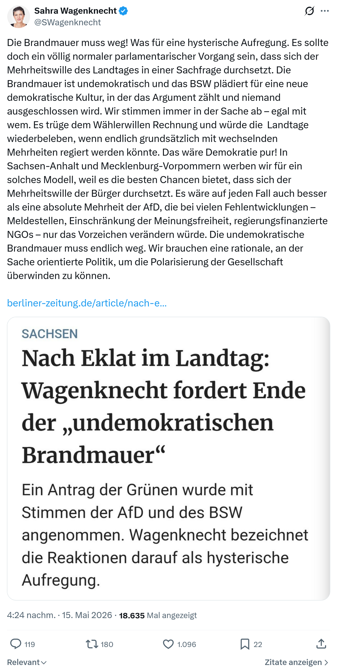 Sahra Wagenknecht: Die Brandmauer muss weg…