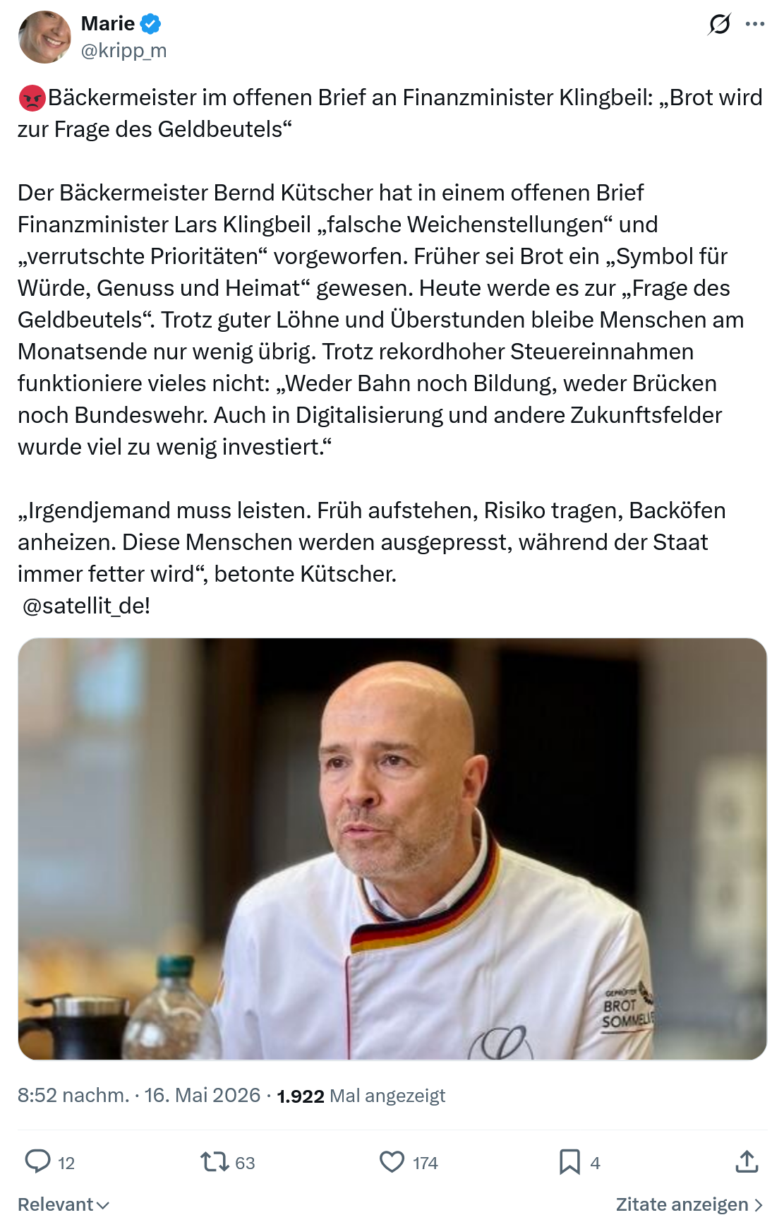 Marie kripp: Bäckermeister im offenen Brief an Finanzminister Klingbeil…