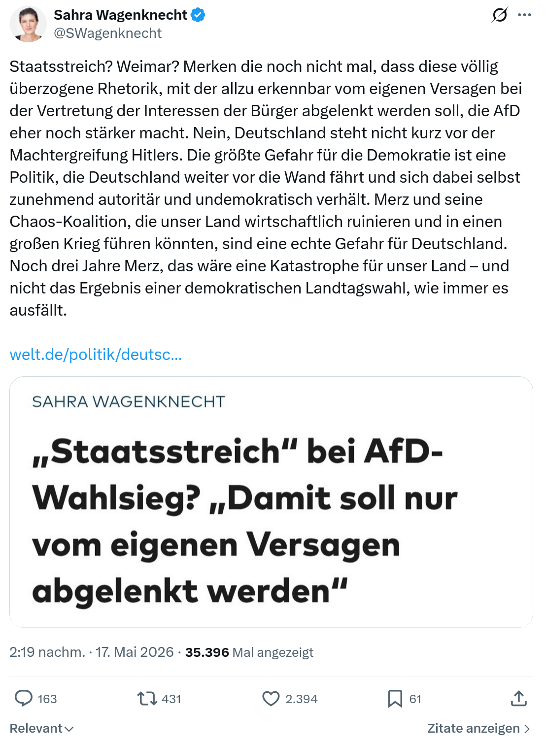 Sahra Wagenknecht: Staatsstreich? Weimar?…