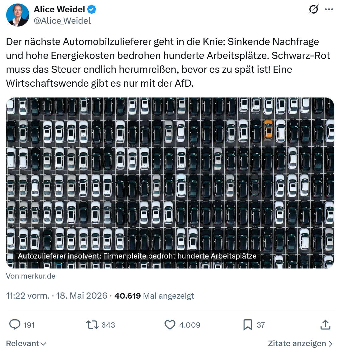 Alice Weidel: Der nächste Automobilzulieferer geht in die Knie…