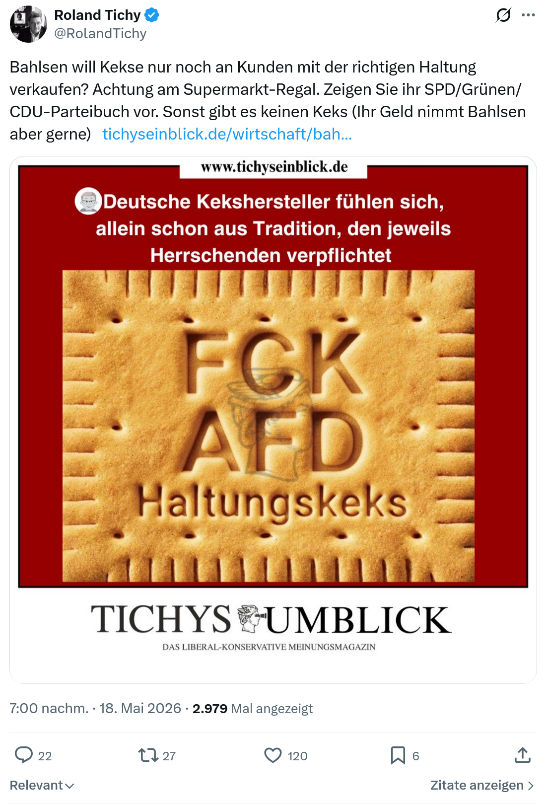 Roland Tichy: Bahlsen will Kekse nur noch an Kunden…