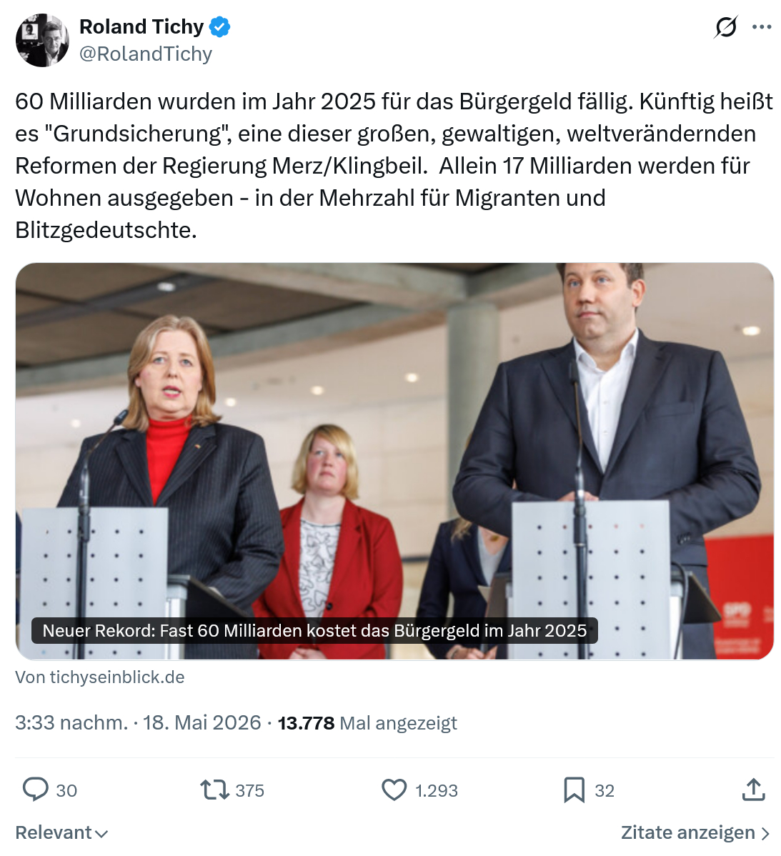 Roland Tichy: 60 Milliarden wurden im Jahr 2025…