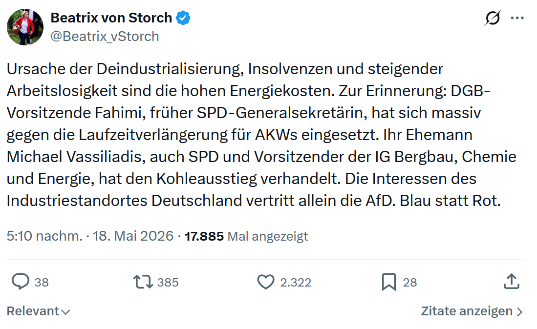 Beatrix von Storch: Ursache der Deindustrialisierung…