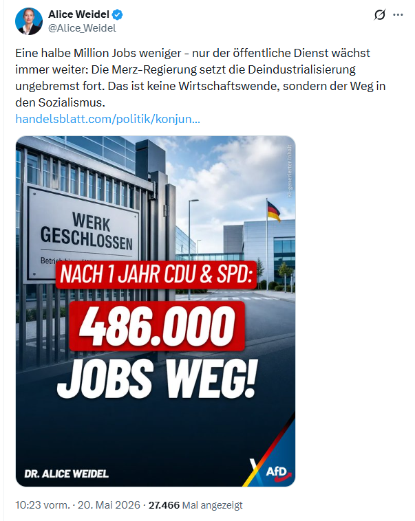 Alice Weidel: Eine halbe Million Jobs weniger…