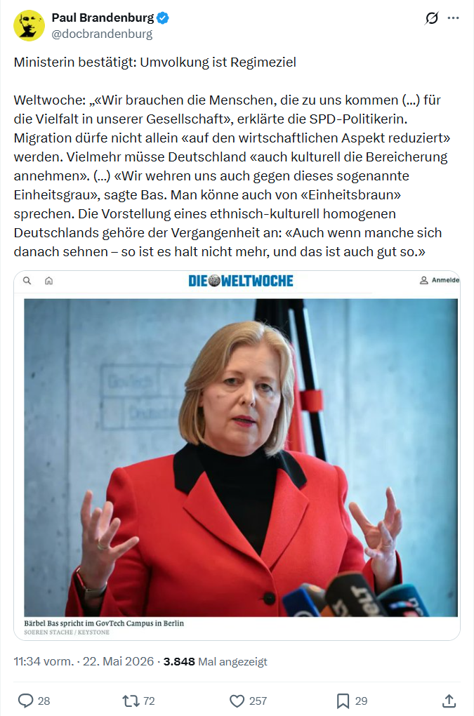 Paul Brandenburg: Ministerin bestätigt Umvolkung ist Regimeziel...