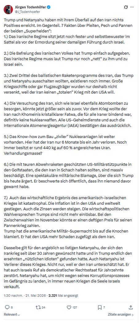 Jürgen Todenhöfer: Trump und Netanyahu haben mit...