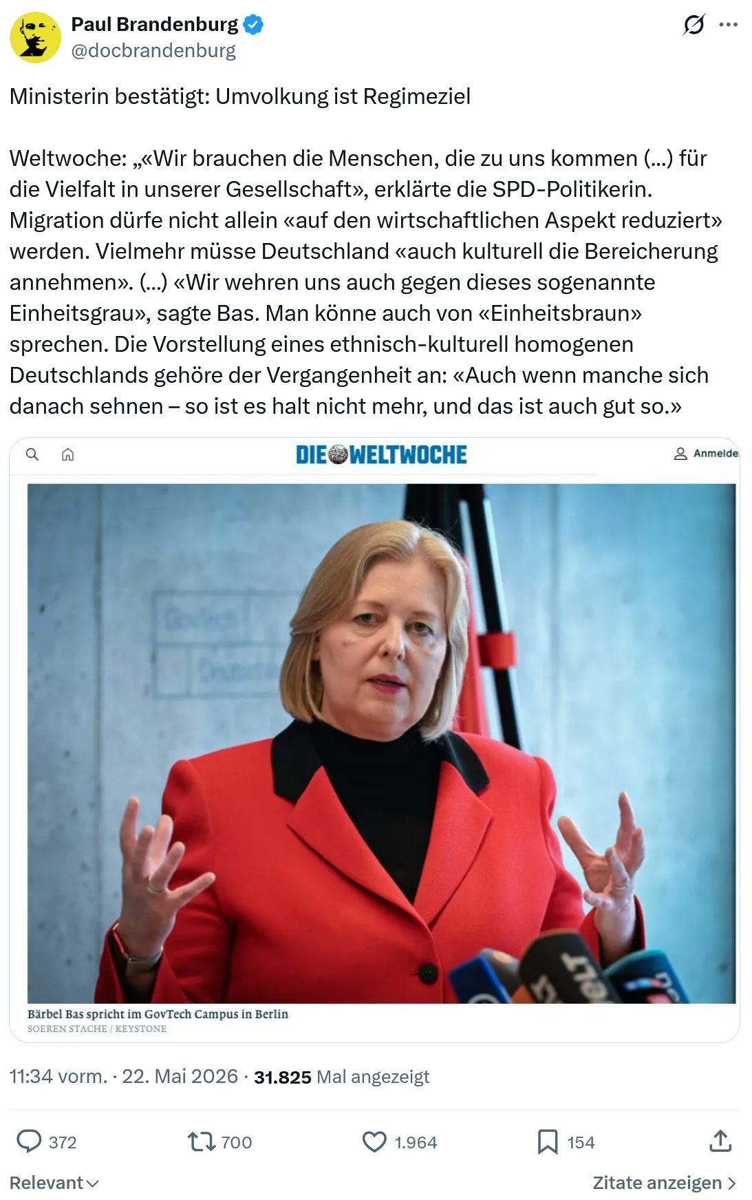 Paul Brandenburg: Ministerin bestätigt: Umvolkung ist Regimeziel…