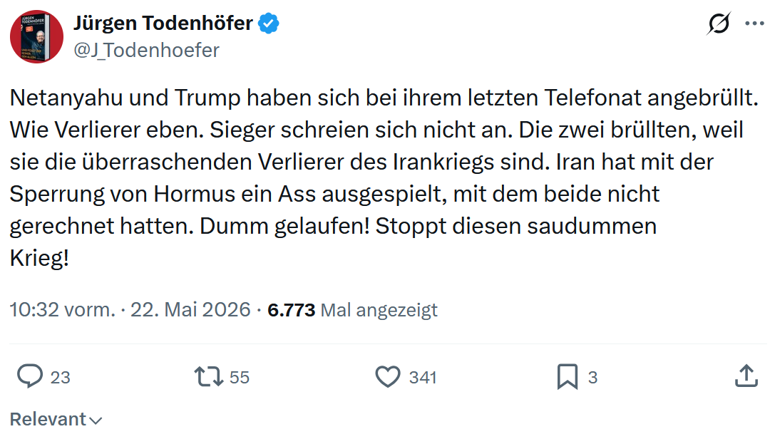 Jürgen Todenhöfer: Netanyahu und Trump haben sich bei ihrem…