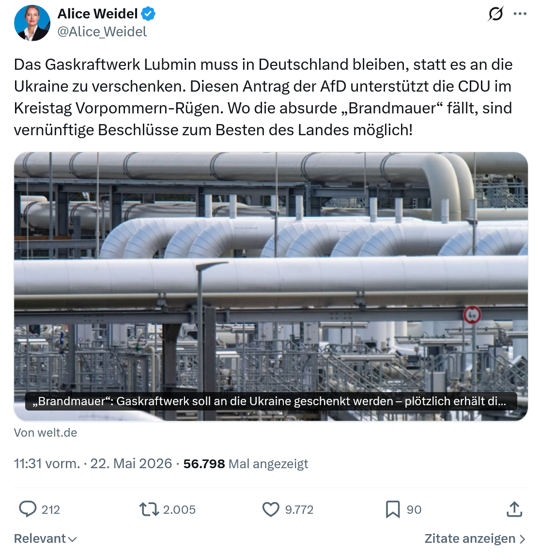 Alice Weidel: Das Gaskraftwerk Lubmin muss in Deutschland…