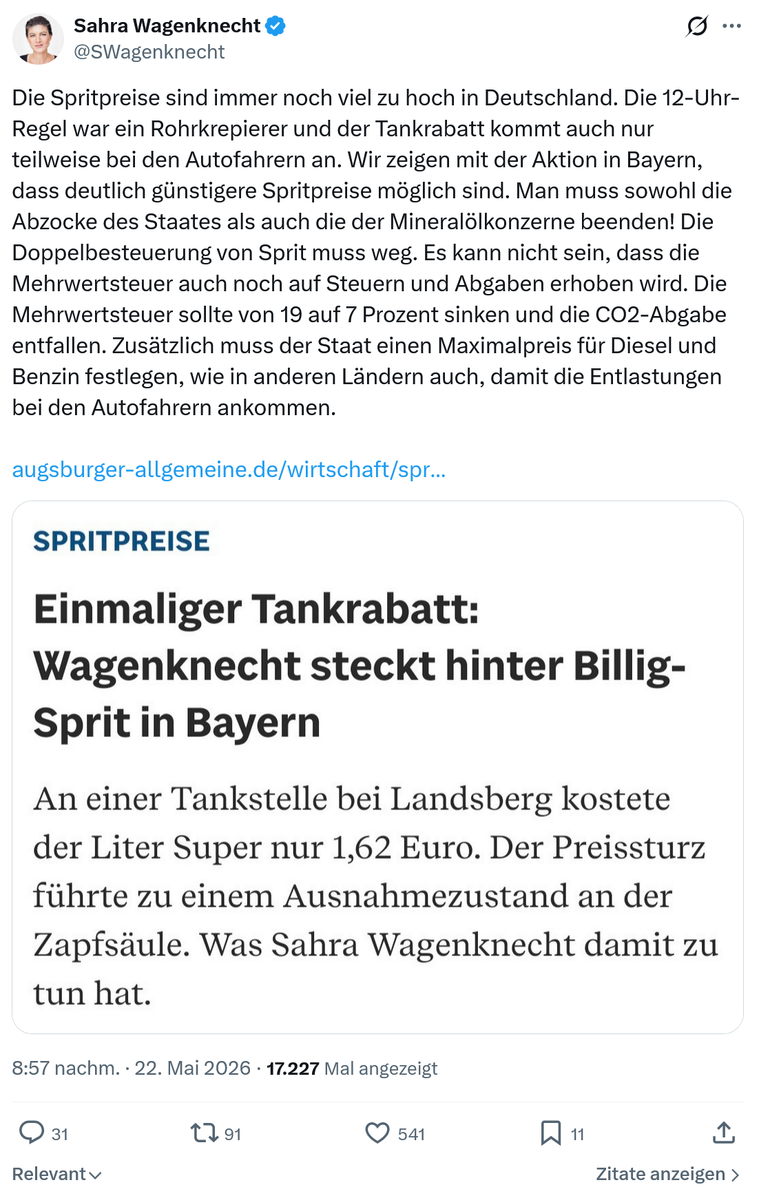 Sahra Wagenknecht: Die Spritpreise sind immer noch…