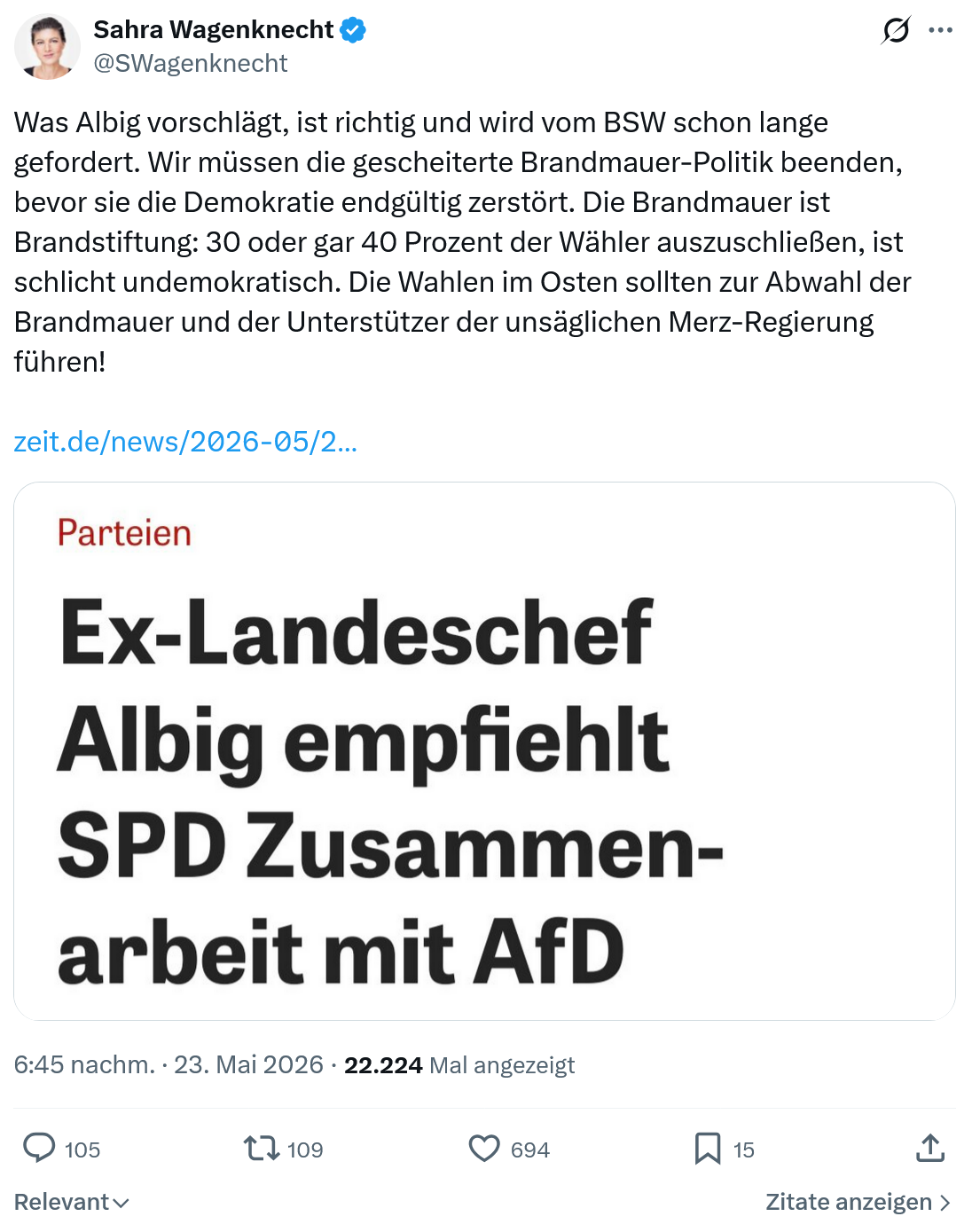 Sahra Wagenknecht: Was Albig vorschlägt…