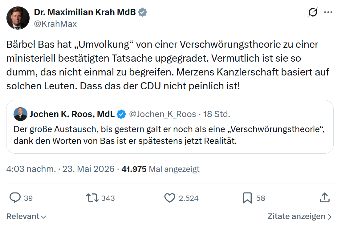 Maximilian Krah: Bärbel Bas hat „Umvolkung“…