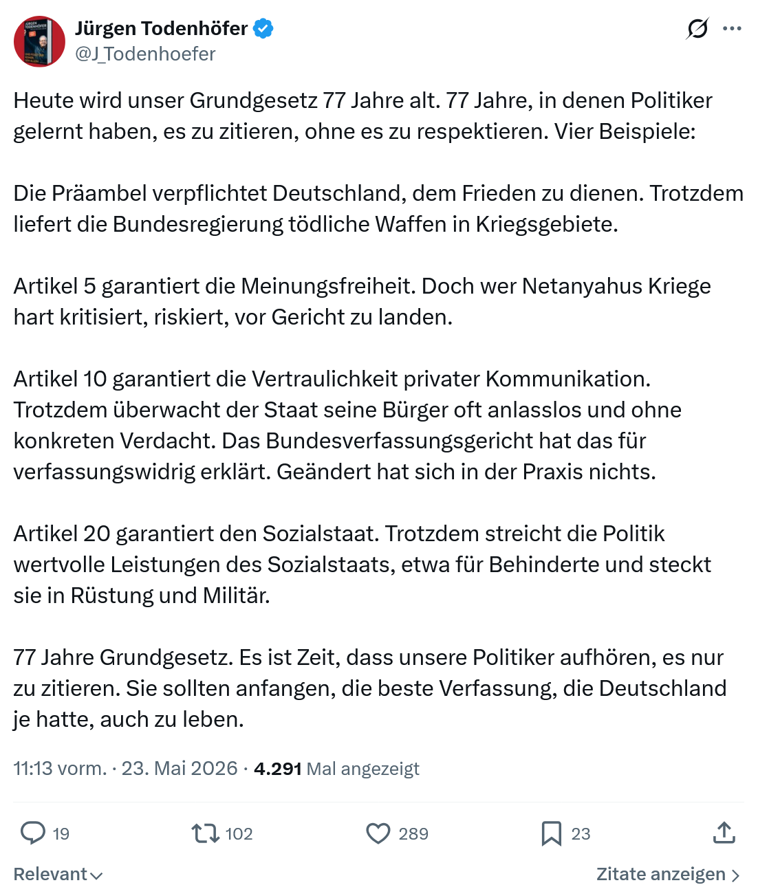 Jürgen Todenhöfer: Heute wird unser Grundgesetz…