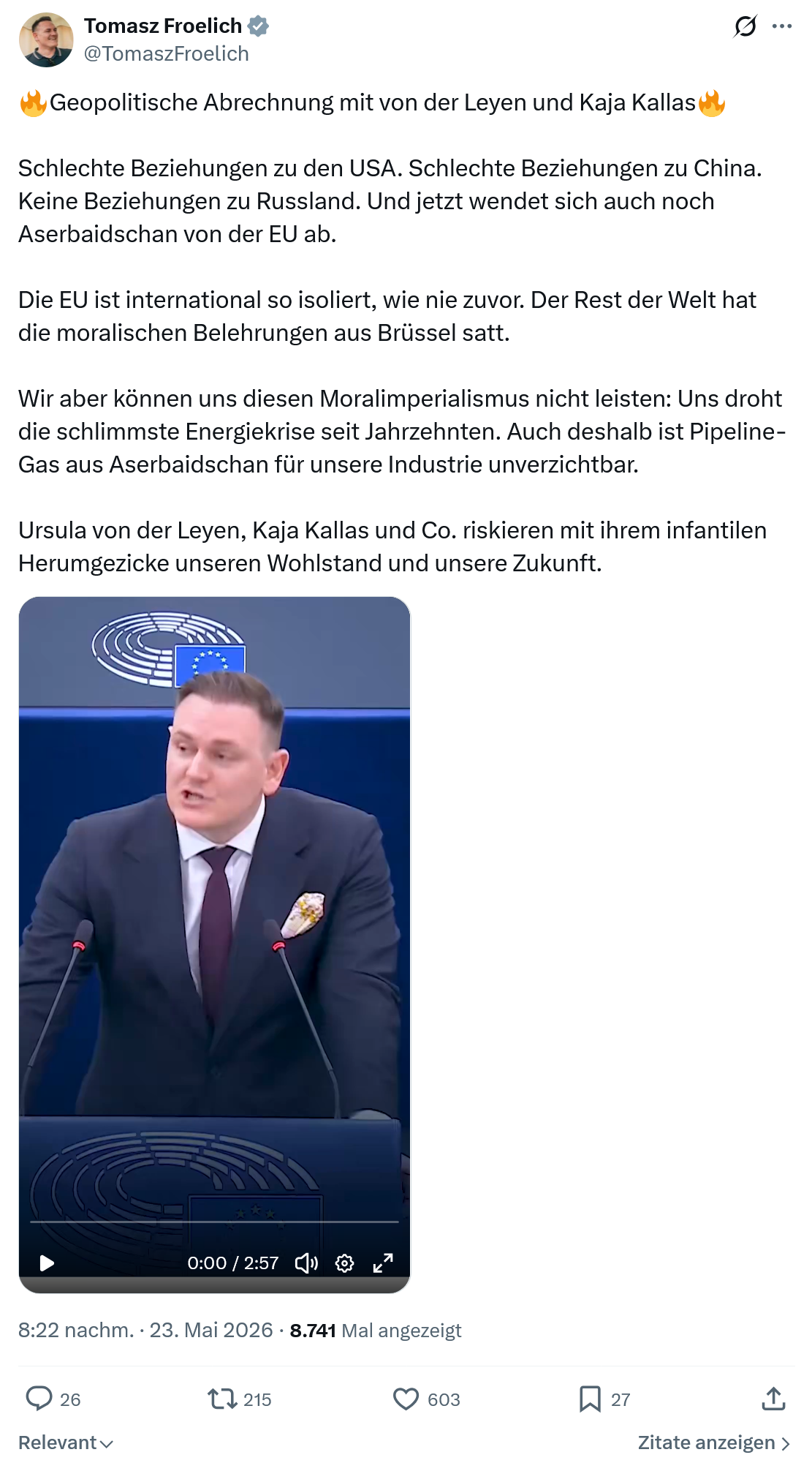 Tomasz Froelich: Geopolitische Abrechnung mit von der Leyen…