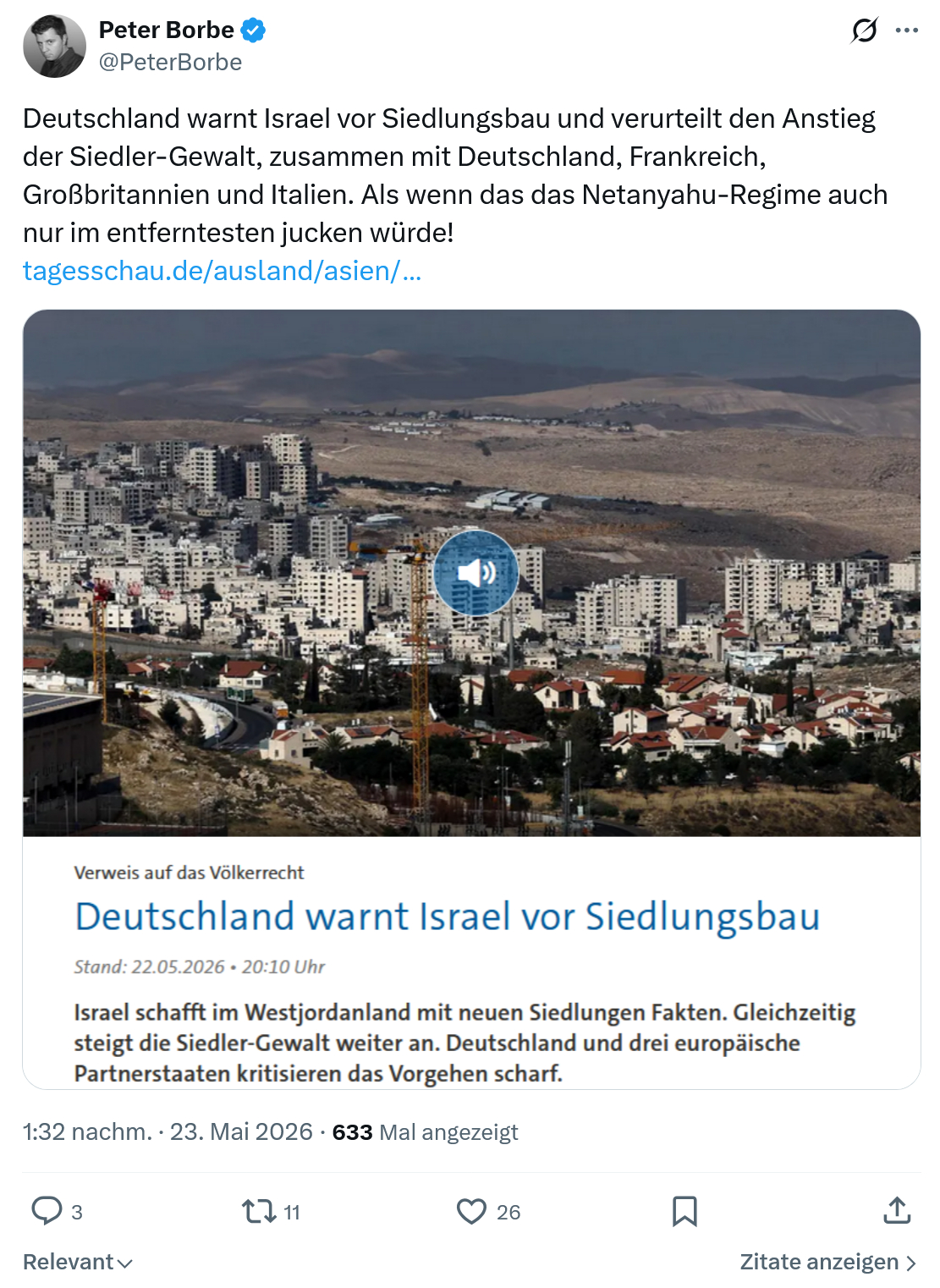 Peter Borbe: Deutschland warnt Israel vor Siedlungsbau…
