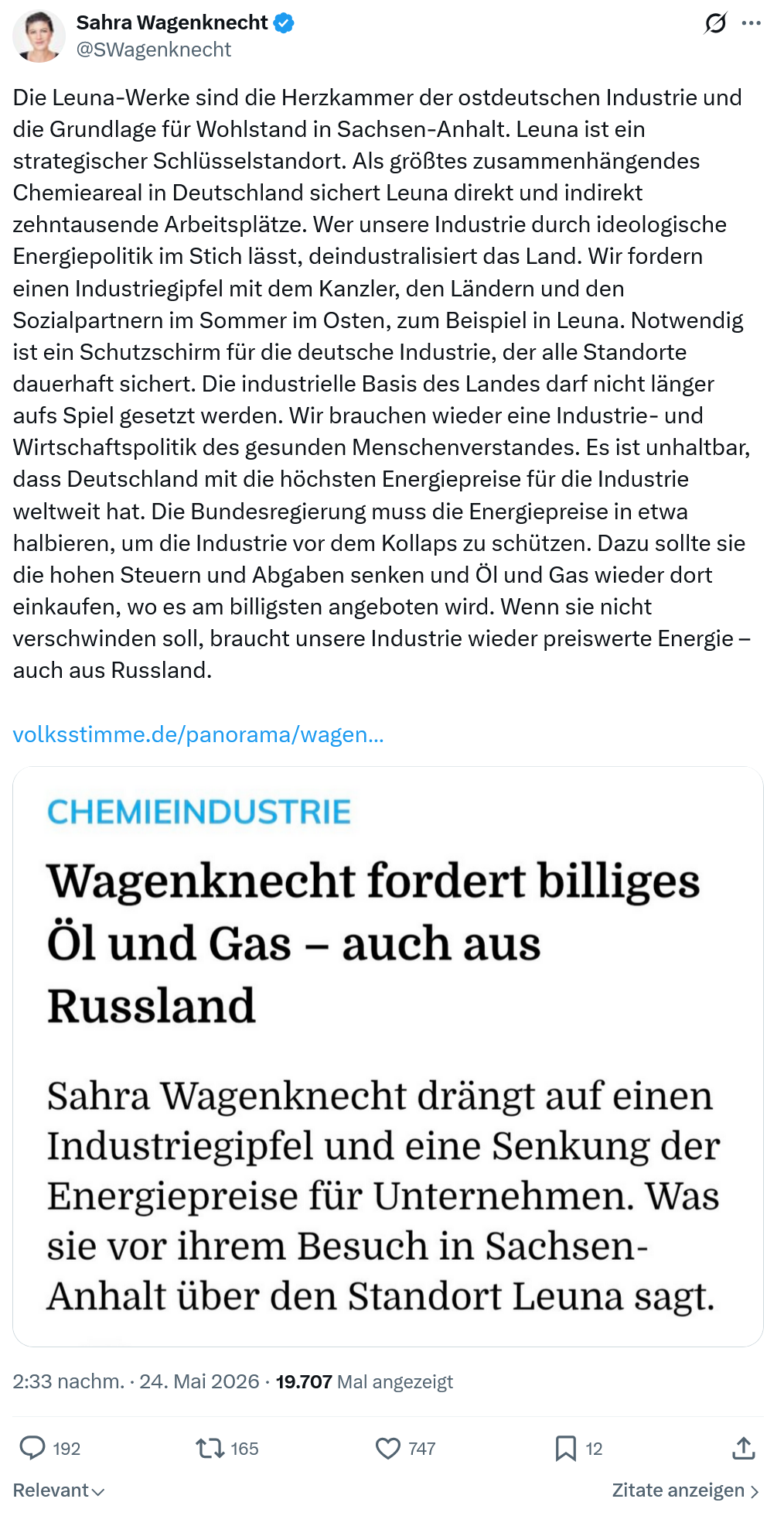 Sahra Wagenknecht: Die Leuna-Werke sind die Herzkammer…