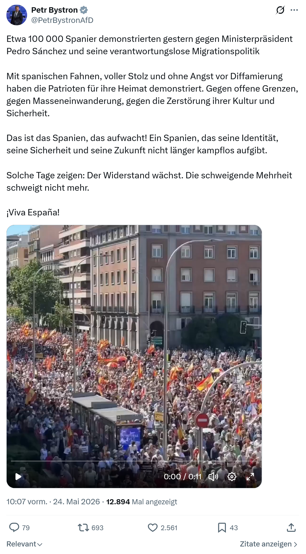 Petr Bystron: Etwa 100 000 Spanier demonstrierten…
