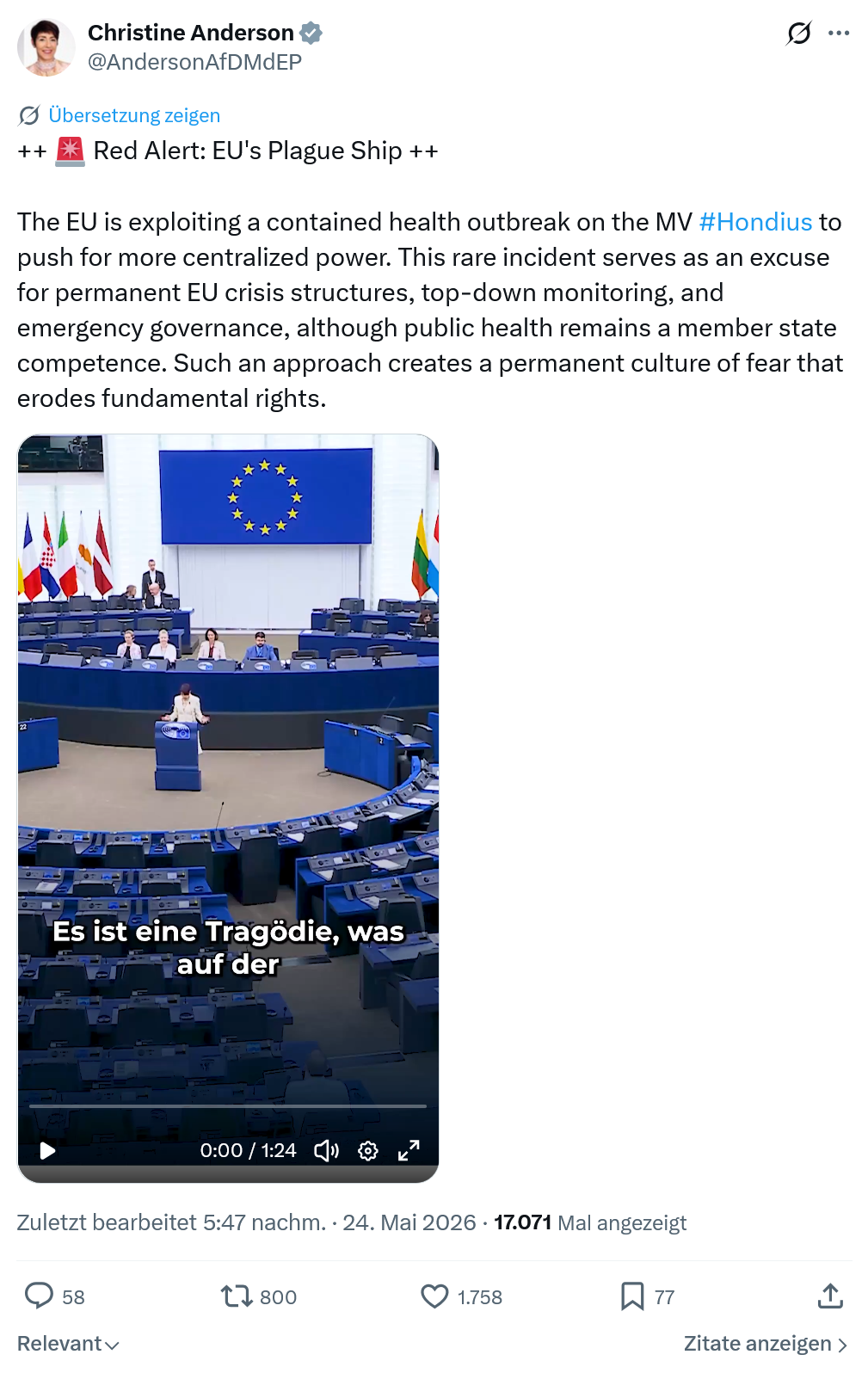 Christine Anderson: ++ 🚨 Red Alert: EU's Plague Ship ++…
