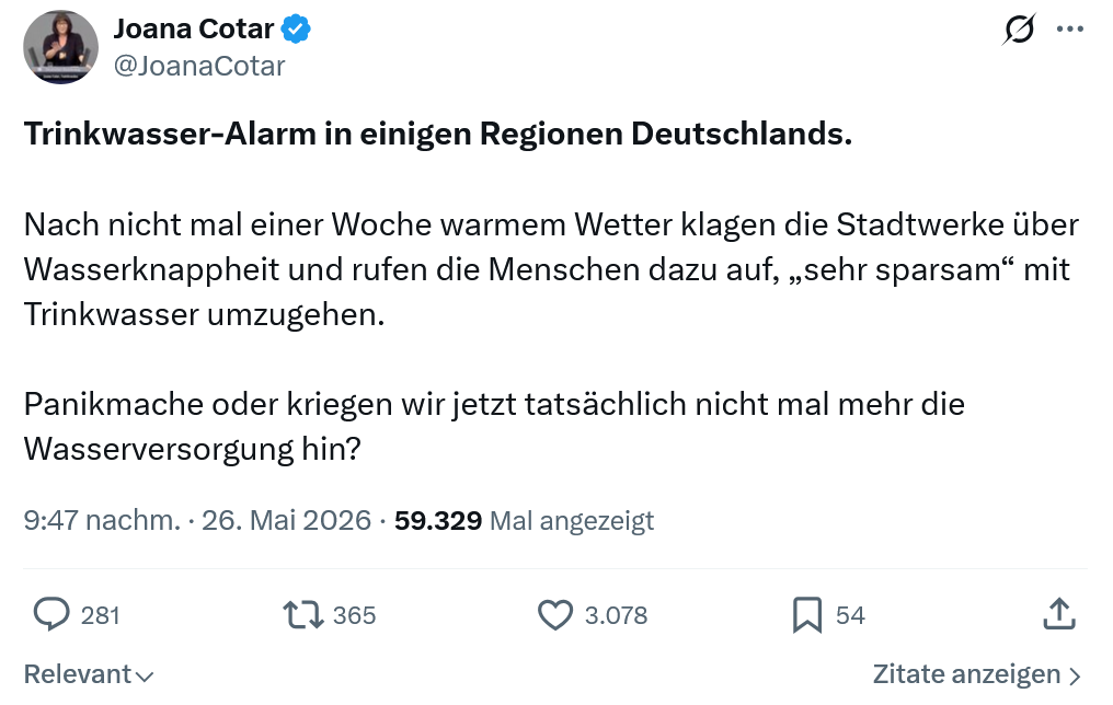 Joana Cotar: Trinkwasser-Alarm in einigen Regionen Deutschlands…