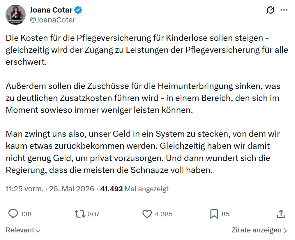 Joana Cotar: Die Kosten für die Pflegeversicherung…
