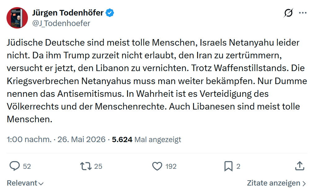 Jürgen Todenhöfer: Jüdische Deutsche sind meist tolle Menschen…