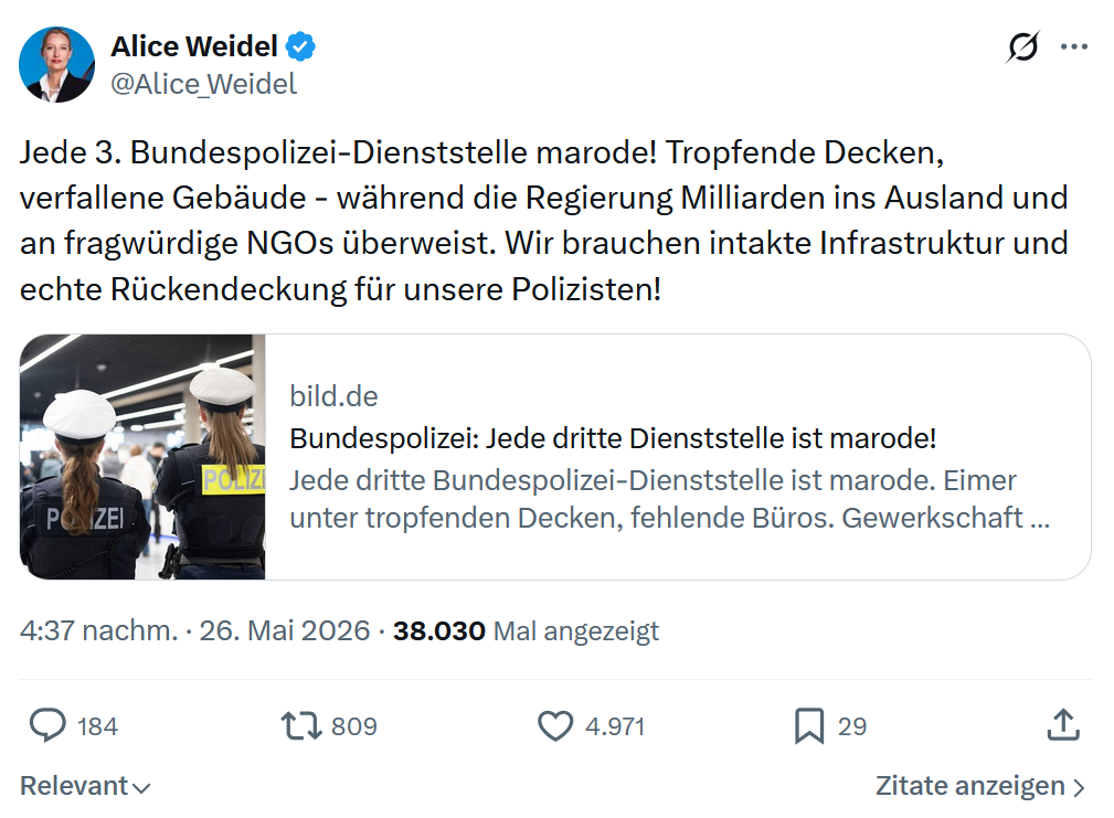 Alice Weidel: Jede 3. Bundespolizei-Dienststelle marode!…
