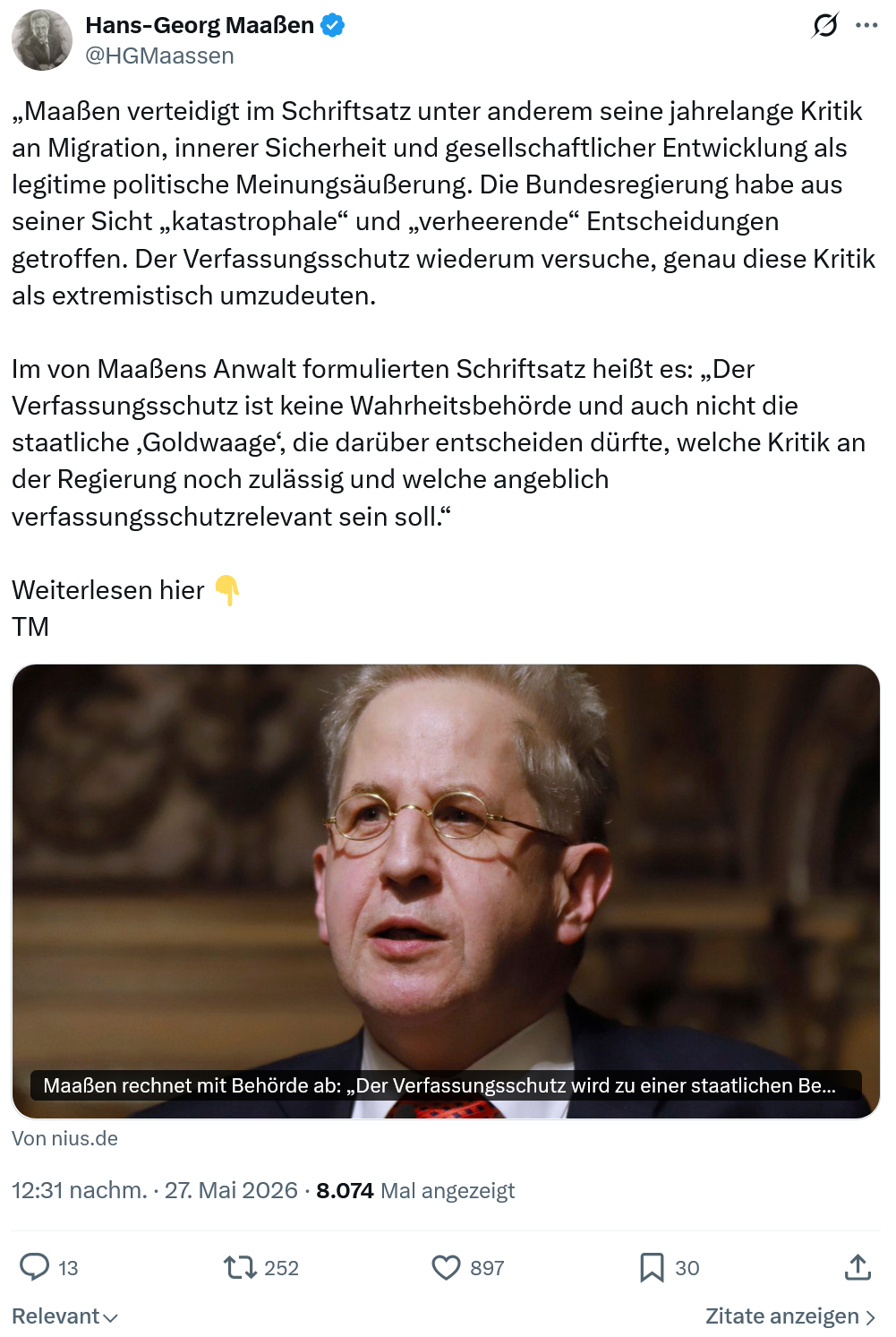 Hans-Georg Maaßen: Maaßen verteidigt im Schriftsatz…