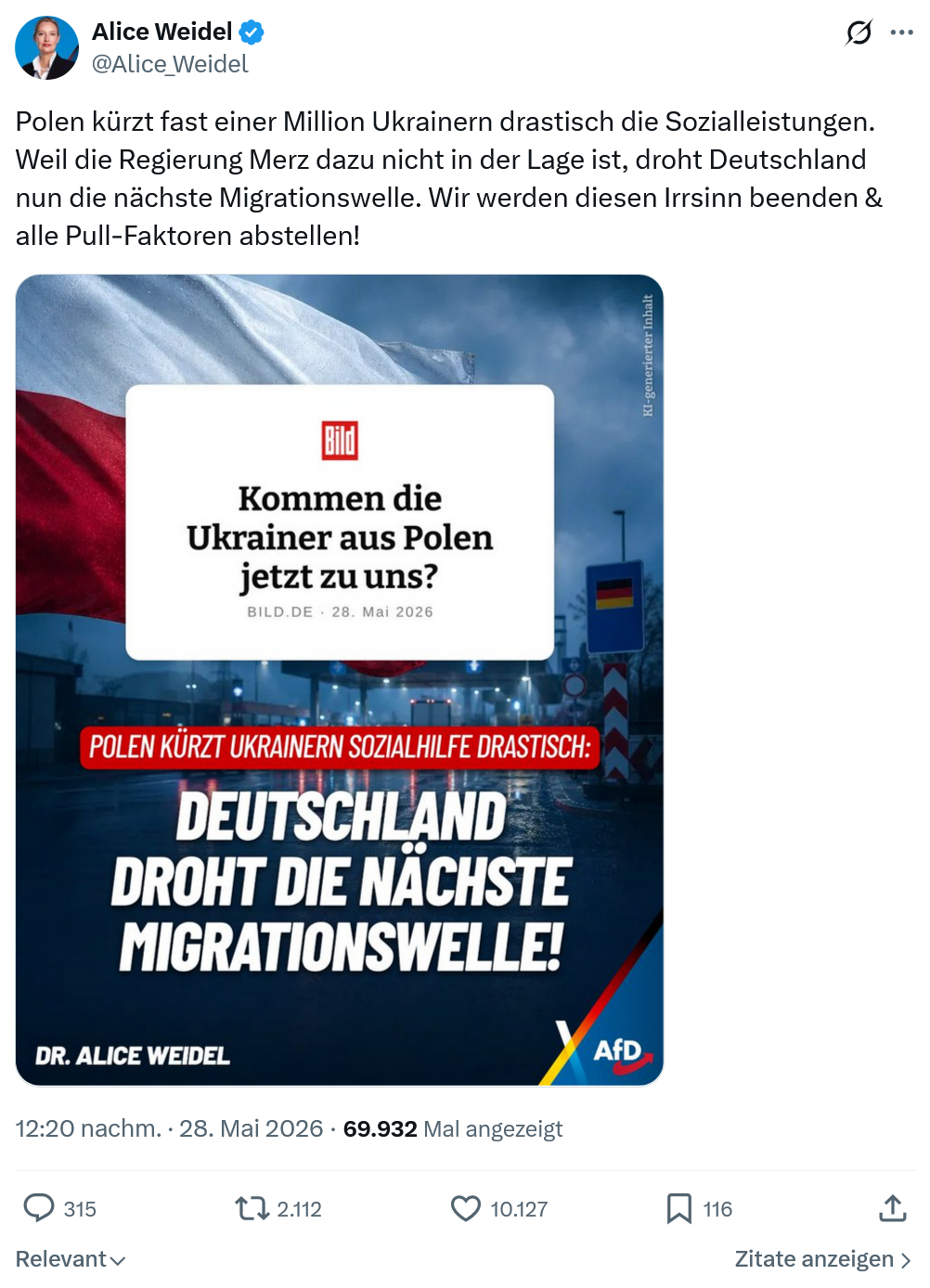 Alice Weidel: Polen kürzt fast einer Million Ukrainern...