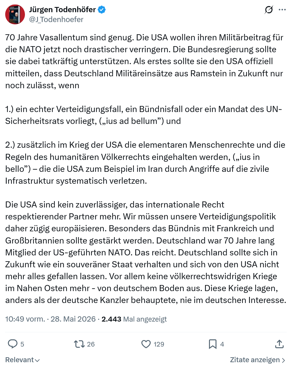 Jürgen Todenhöfer: 70 Jahre Vasallentum sind genug...
