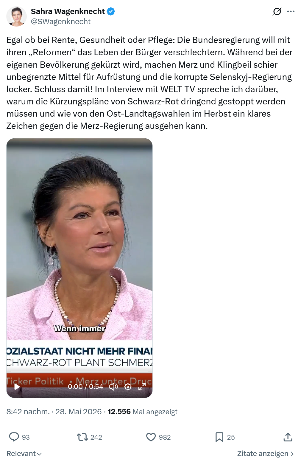 Sahra Wagenknecht: Egal ob bei Rente, Gesundheit oder...