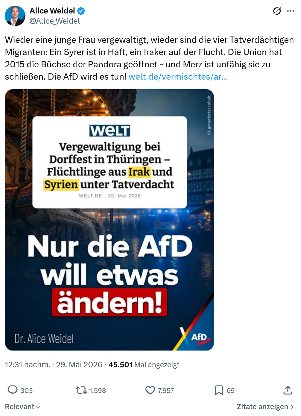 Alice Weidel: Wieder eine junge Frau vergewaltigt…