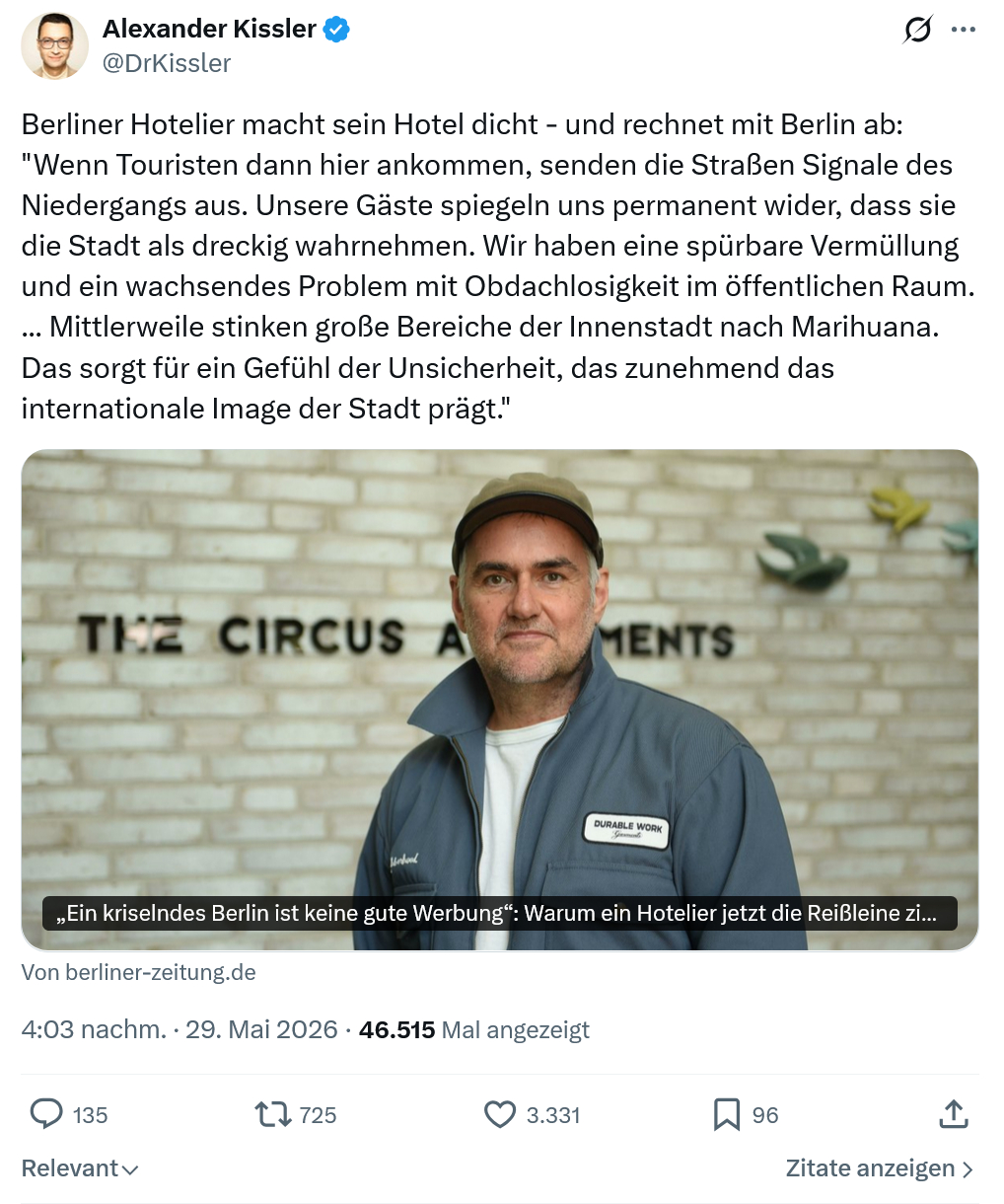 Alexander Kissler: Berliner Hotelier macht sein Hotel dicht…