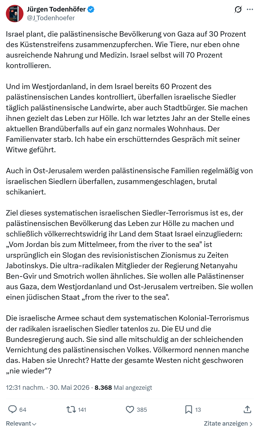 Jürgen Todenhöfer: Israel plant, die palästinensische Bevölkerung…