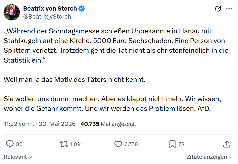 Beatrix von Storch: Während der Sonntagsmesse schießen Unbekannte…