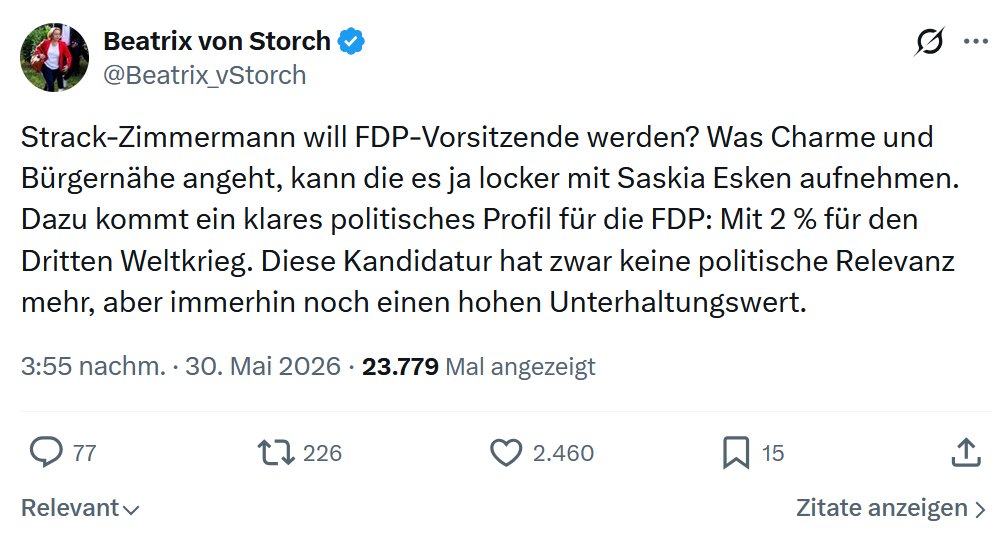 Beatrix von Storch: Strack-Zimmermann will FDP-Vorsitzende…