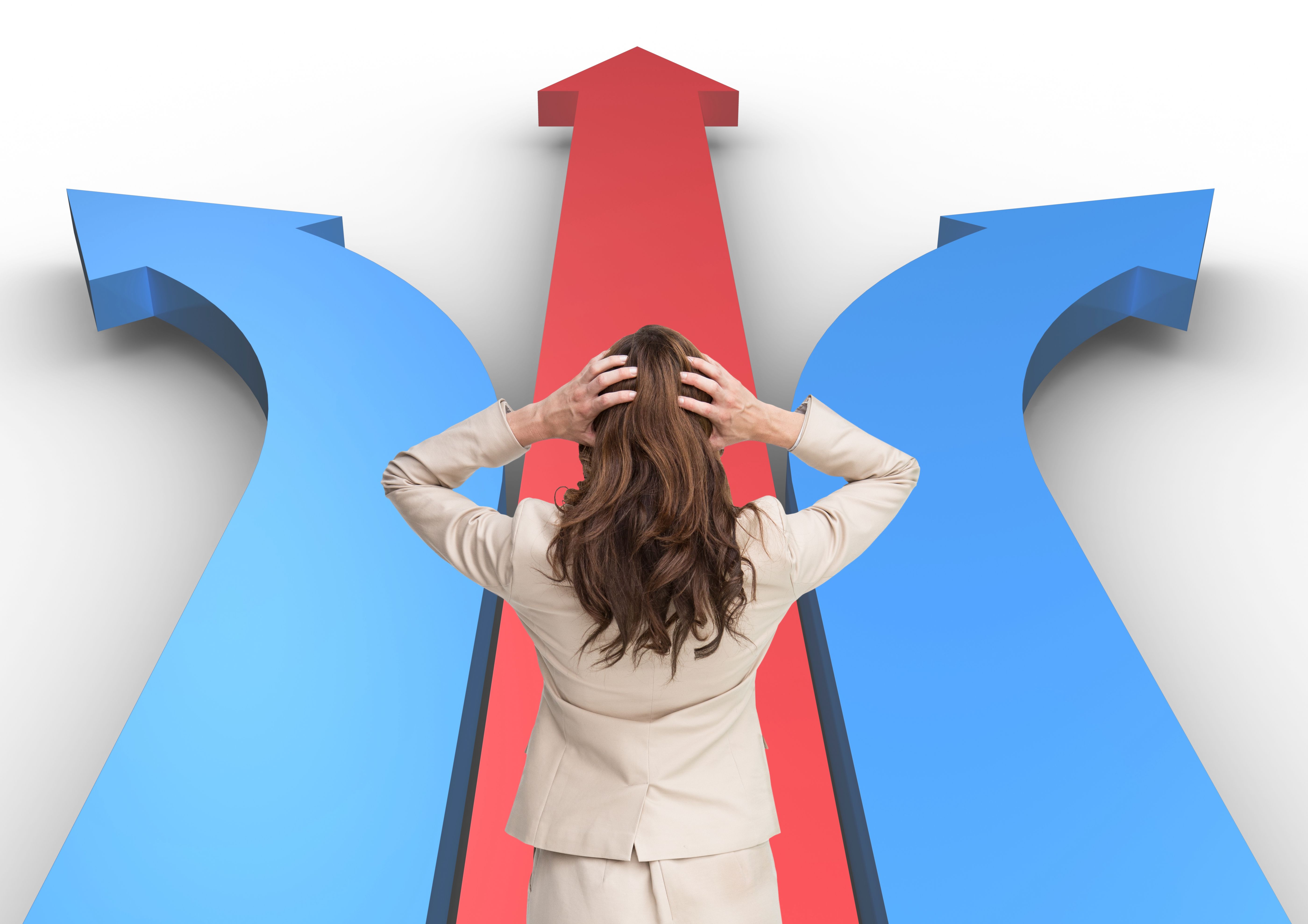 Woman standing at a crossroads with multiple direction arrow signs pointing different ways, representing the common confusion people face when deciding when to take their daily vitamins and supplements