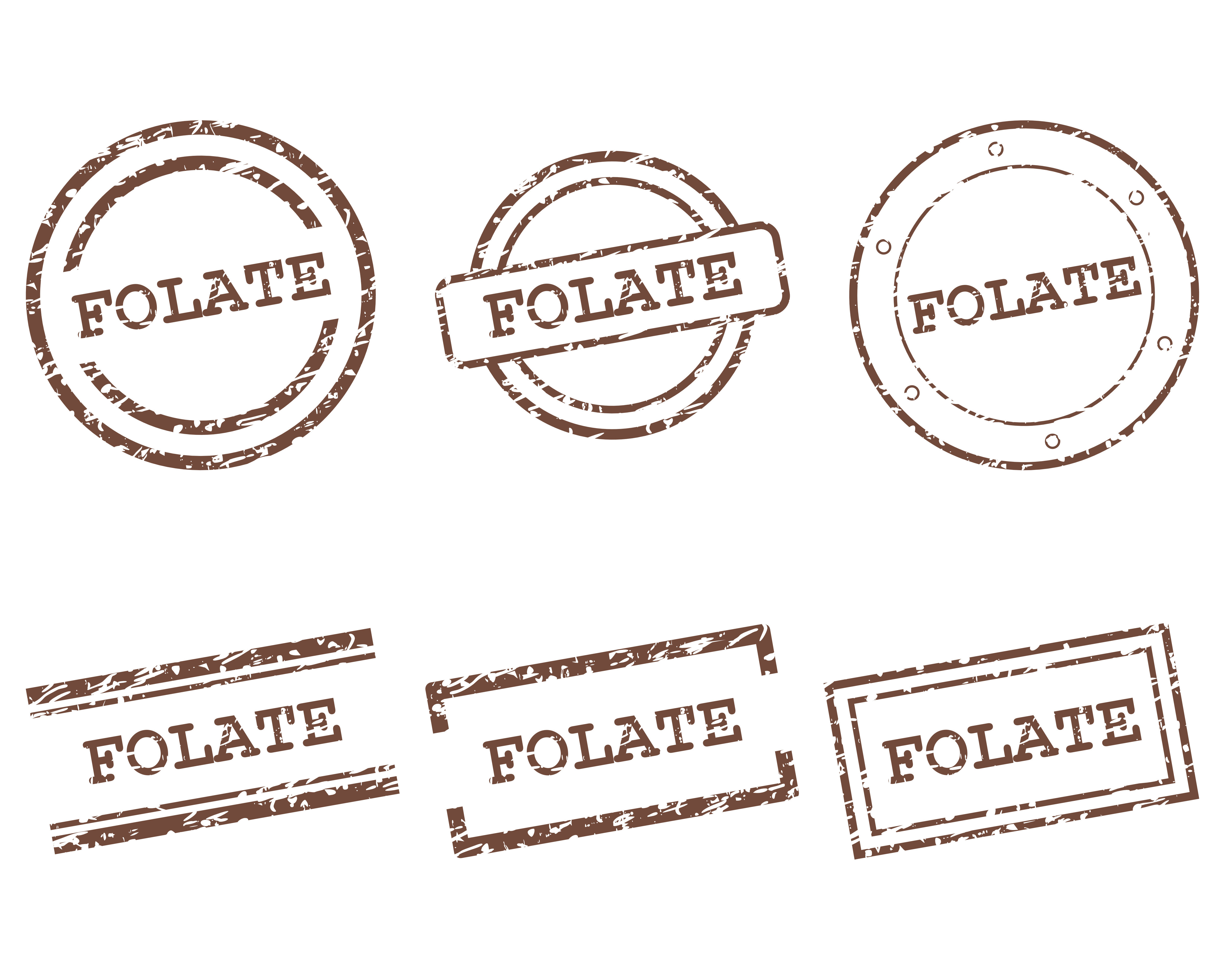 Folate stamps illustrating the vitamin B9 nutrient — folate works closely with B12 in red blood cell production, and deficiency produces a very similar fatigue picture