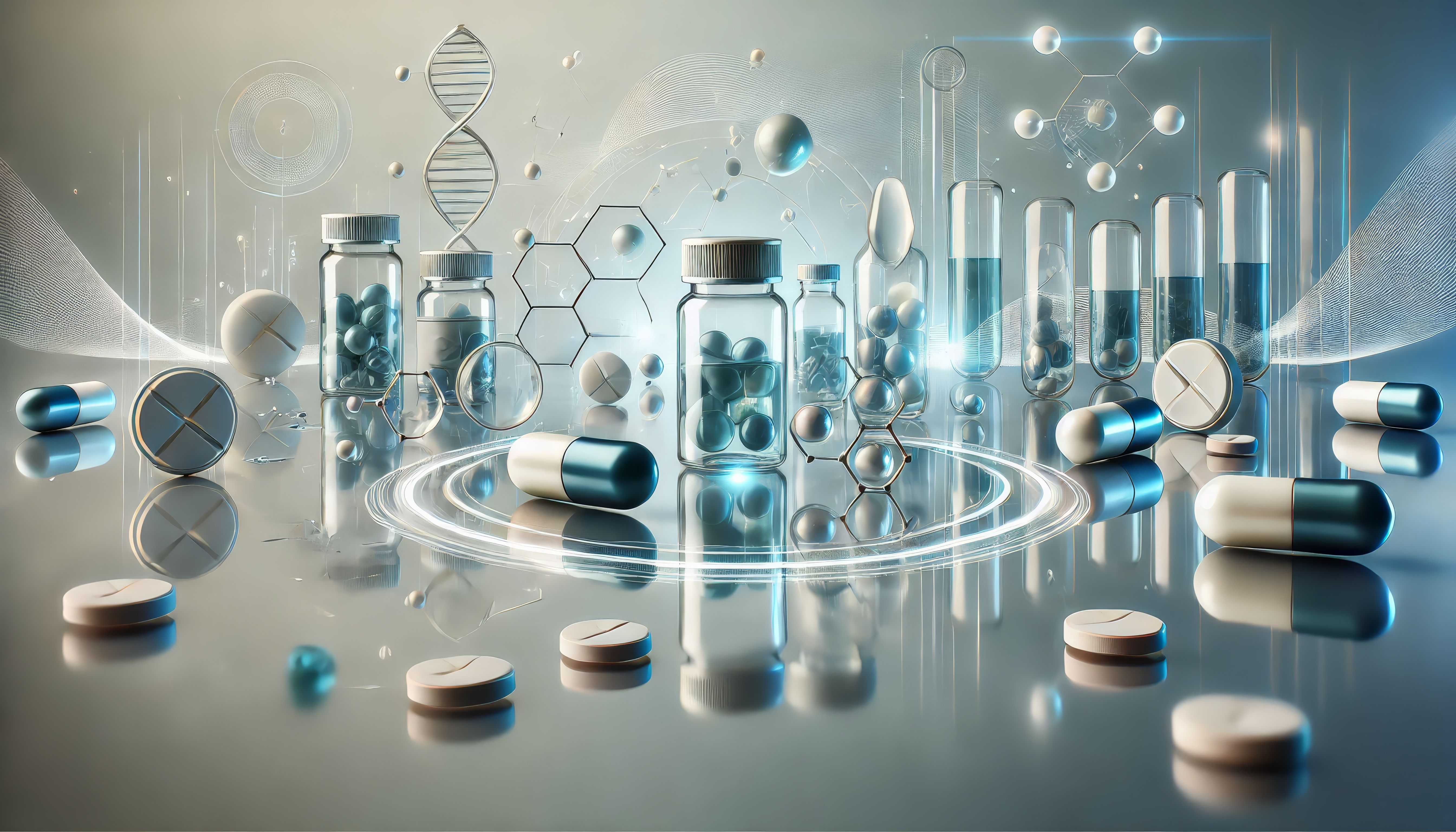 Conceptual illustration of medication and supplements in a scientific environment representing the pharmacokinetic science of oral bioavailability and how different vitamin forms and delivery methods affect absorption rates