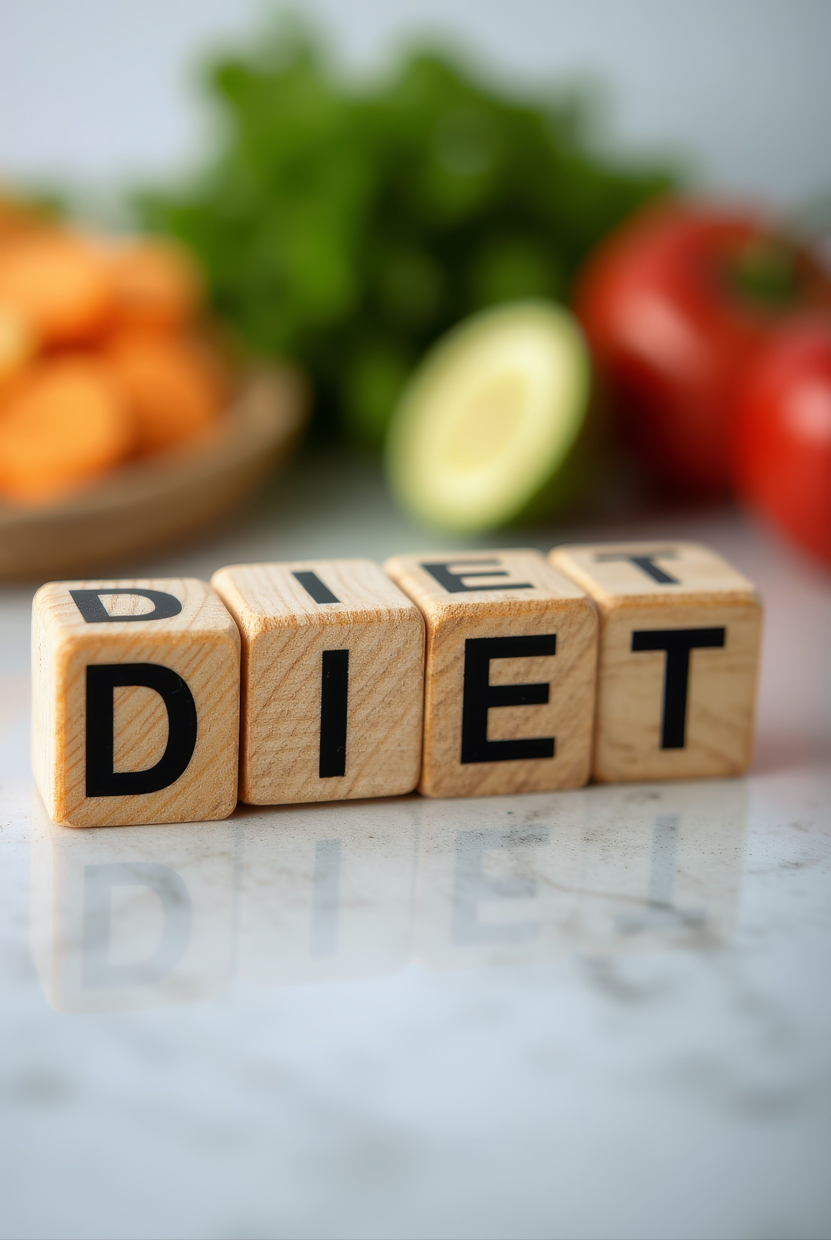Weight scale and healthy food choices representing the nutritional balance challenge faced by GLP-1 weight loss medication users — showing why vitamin supplementation is essential even when eating healthily