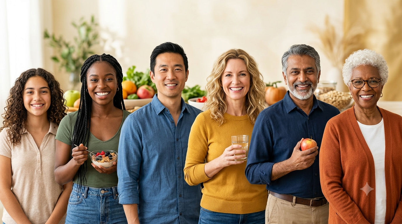 Multi-generational group of diverse healthy people representing different life decades — from young adults to seniors — illustrating how nutritional needs change with age