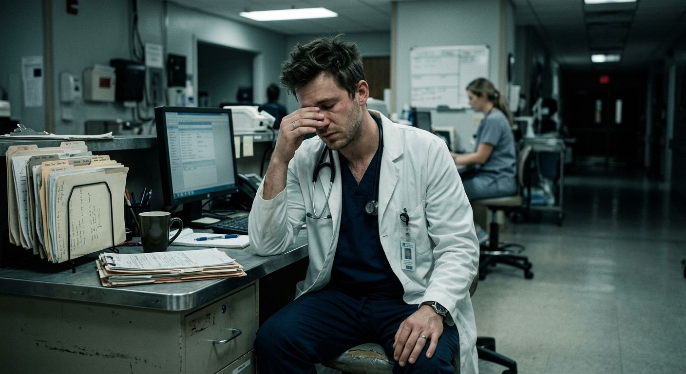 Exhausted doctor at end of shift