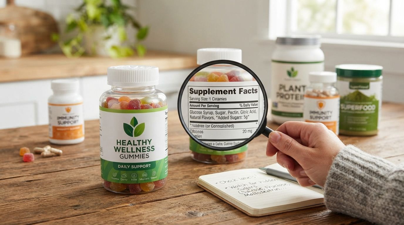 Person examining a supplement label with a magnifying glass next to vitamin bottles — illustrating how to spot hidden sugar in health supplements by reading the Supplement Facts panel