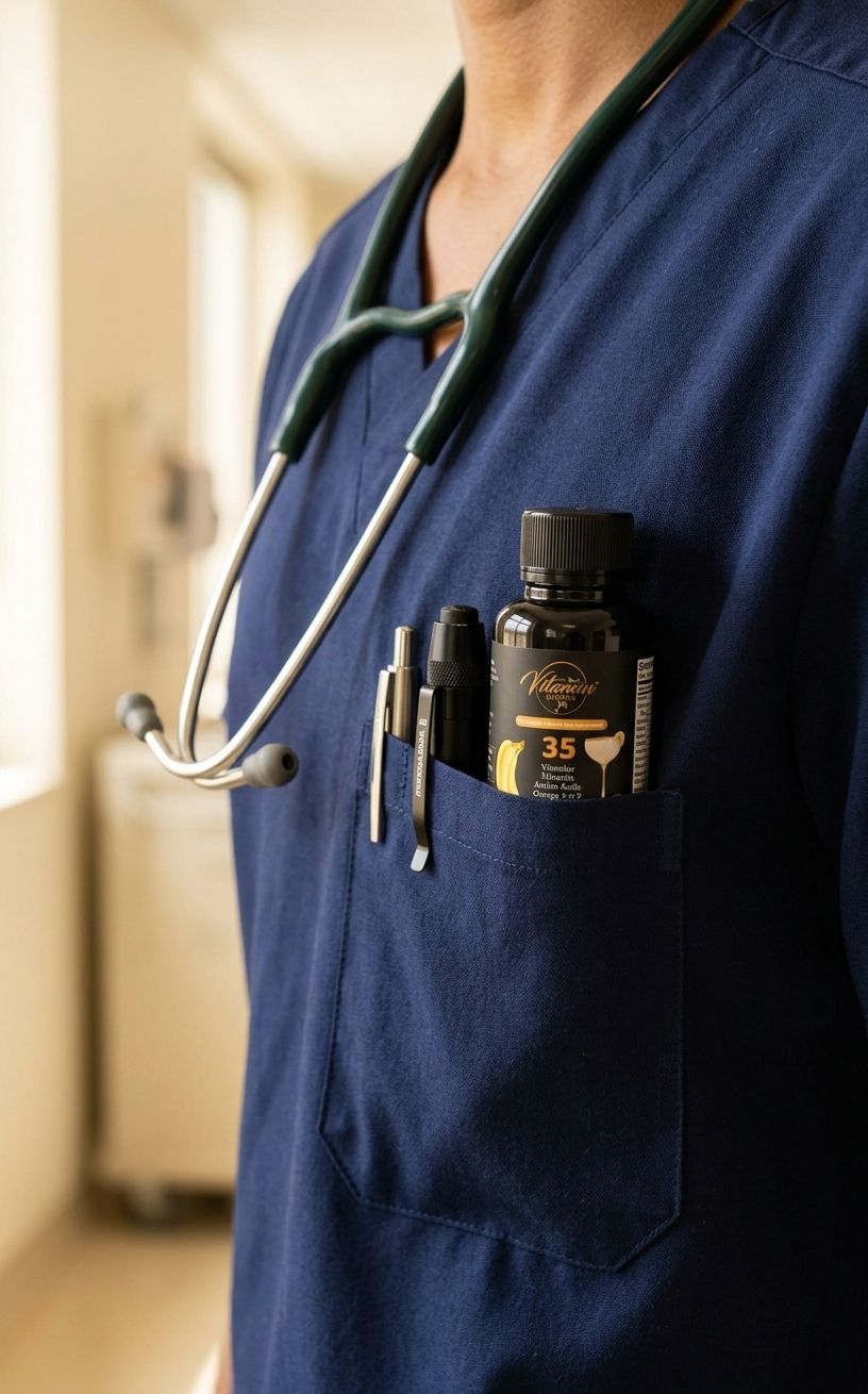 Vitamin Shots bottle in scrubs — ready for shift