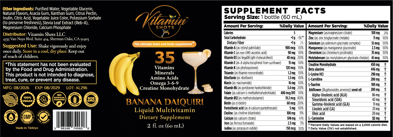 Vitamin Shots Banana Daiquiri supplement facts label: 35 vitamins, minerals, amino acids, Omega 3-6-9 and creatine monohydrate, 100% vegan